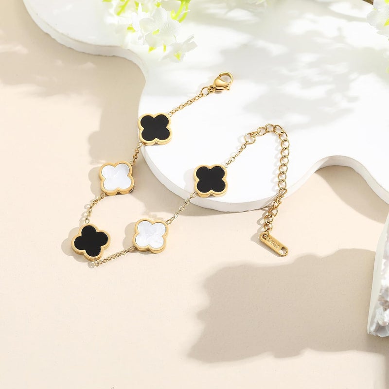 AIPPK 18K Gold Plated Clover Lucky Bracelet for Women White/Black/Red/Green Flower Four Leaf Link Bracelets Trendy Jewelry Gifts for Women - Image 5